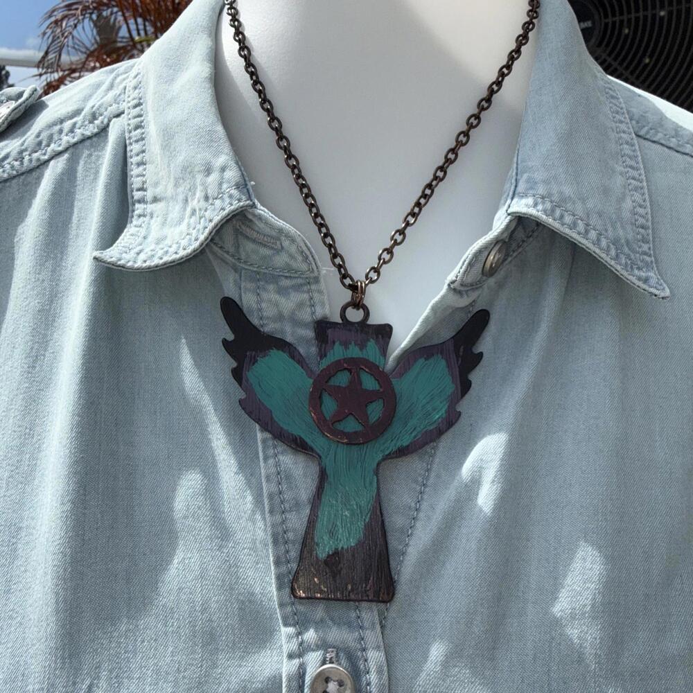 NWT Rustic Cowgirl Western Cross Wings Statement Patina Necklace Earring Set